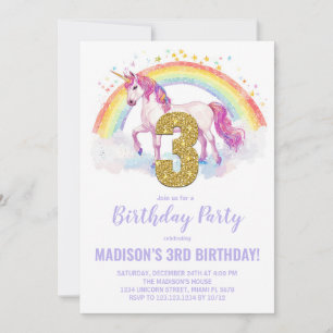 3ème Rainbow Unicorn Invitations d'anniversaire