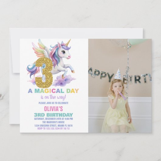 3ème Rainbow Unicorn Invitations d'anniversaire av (Devant)