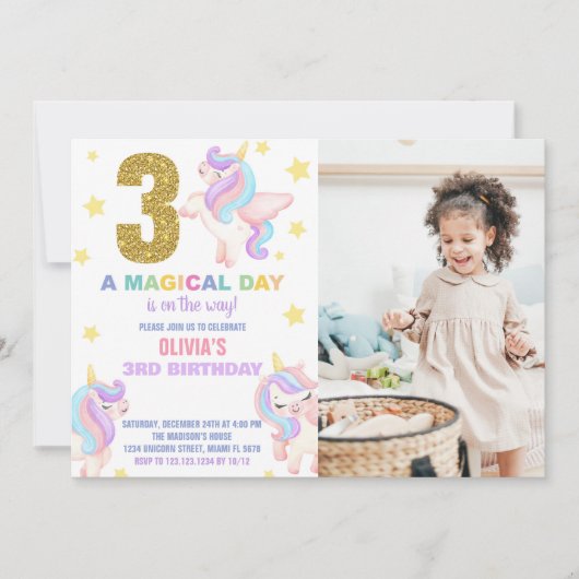 3ème Rainbow Unicorn Invitations d'anniversaire av (Devant)