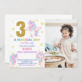 3ème Rainbow Unicorn Invitations d'anniversaire av (Devant / Derrière)