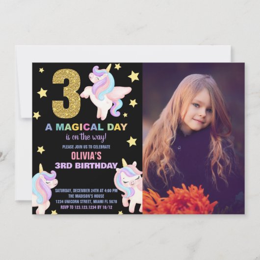 3ème Rainbow Unicorn Invitations d'anniversaire av (Devant)