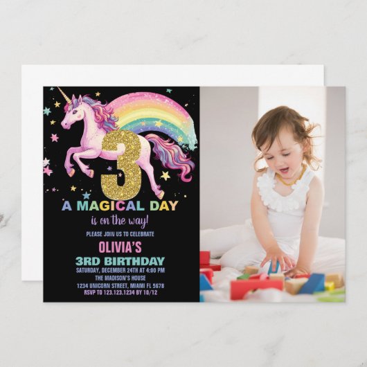 3ème Unicorn Anniversaire Invitations Black w phot (Devant / Derrière)