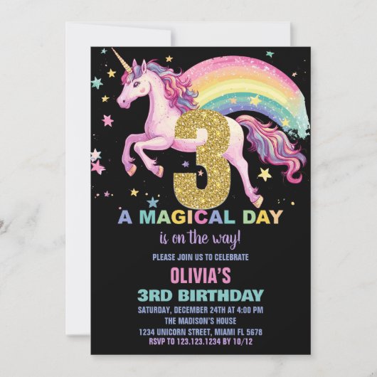 3ème Unicorn Invitations Anniversaire Noir (Devant)