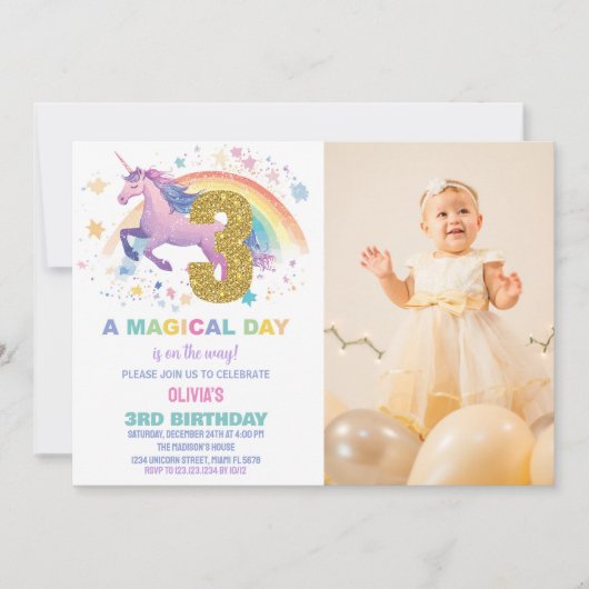 3ème Unicorn Invitations d'anniversaire avec photo (Devant)