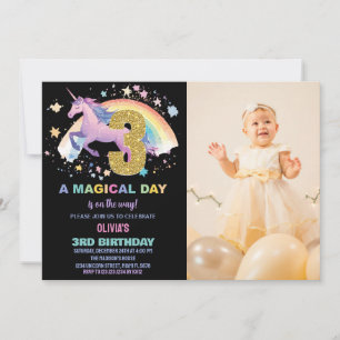 3ème Unicorn Invitations d'anniversaire avec photo