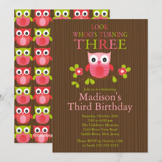 3èmes invitations de fête d'anniversaire de hibou (Devant / Derrière)