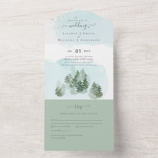 3in1 Bergbos Bomen Huwelijk RSVP All In One Uitnodiging (Binnen)