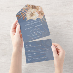3in1 BOHO Pampas Grass Terracotta Wedding RSVP All In One Uitnodiging