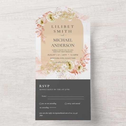 3in1 Boho Pampas Grass Wedding RSVP All In One Uitnodiging (Binnen)
