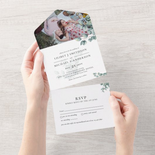 3in1 Eucalyptus Greenery PHOTO Wedding INVITE RSVP All In One Uitnodiging (Afscheurbaar)