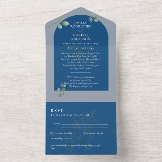 3in1 Greenery Eucalyptus Arch Wedding RSVP All In One Uitnodiging (Binnen)