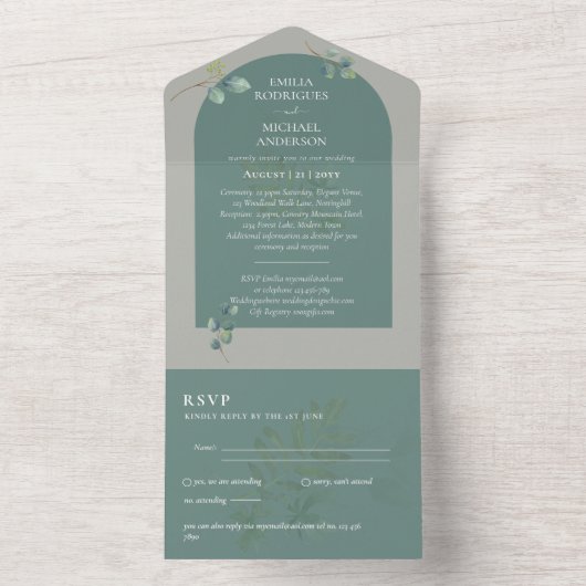 3in1 Greenery Eucalyptus Arch Wedding RSVP All In One Uitnodiging (Binnen)