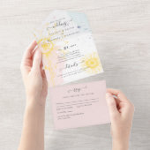 3in1 Moderne Zonnebloem Roze Blauwbruin RSVP All In One Uitnodiging (Afscheurbaar)