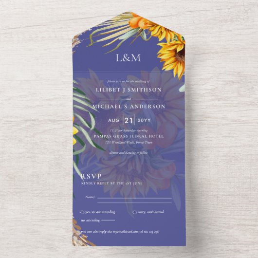 3in1 Monogram Zonnebloemen Pampasgras Bruiloft RSV All In One Uitnodiging (Binnen)