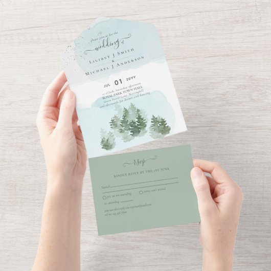 3in1 Mountain Forest Bomen Bruiloft RSVP All In One Uitnodiging (Afscheurbaar)