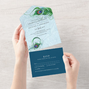 3in1 Pauw Blauw Groen Veer Huwelijk RSVP All I In One Uitnodiging