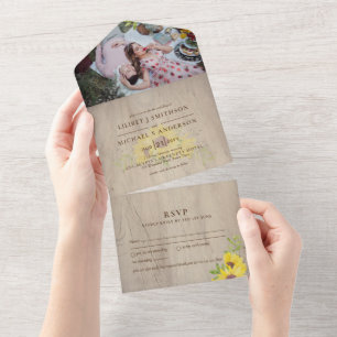 3in1 Rustic Sunflower Woodland Wedding RSVP All In One Uitnodiging