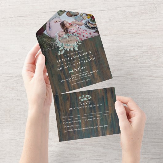 3in1 Rustic Wood Heart PHOTO Wedding RSVP All In One Uitnodiging (Afscheurbaar)