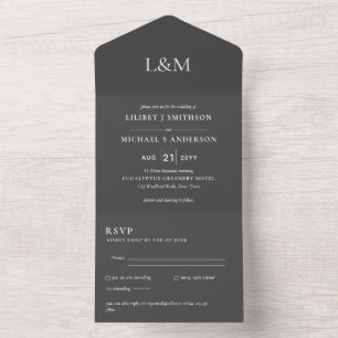 3in1 Slate Grey Text Only Wedding nodigt RSVP uit All In One Uitnodiging