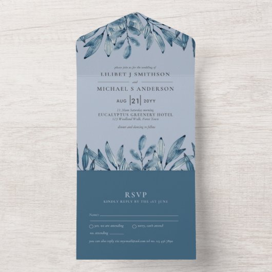 3in1 Stofblauw Navy Bladeren Trouw RSVP All In One Uitnodiging (Binnen)