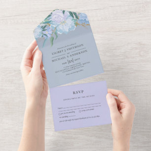3in1 Stusty Blue Lavender Floral Wedding RSVP All In One Uitnodiging