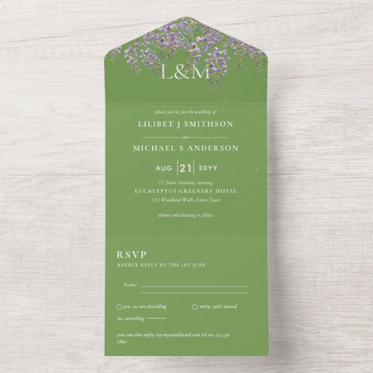 3in1 Wisteria Floral Green Wedding Invitation RSVP (À l'intérieur)