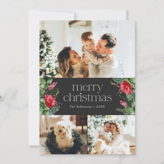 3Photo Donkergrijs Botanisch Bladgroen Vrolijk Ker Feestdagenkaart (Voorkant)