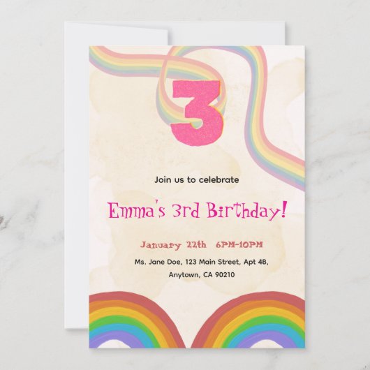 3rd Birthday Invitation Girl Editable Rainbow (Devant)