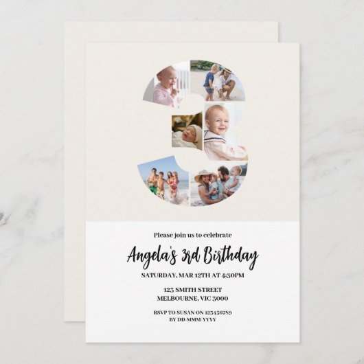 3rd Birthday Invitation Minimalist - Number 3 Kaart (Voorkant / Achterkant)