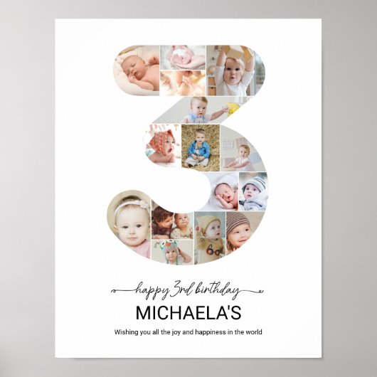3rd Birthday Number 3 Photo Collage Custom Picture Poster (Voorkant)
