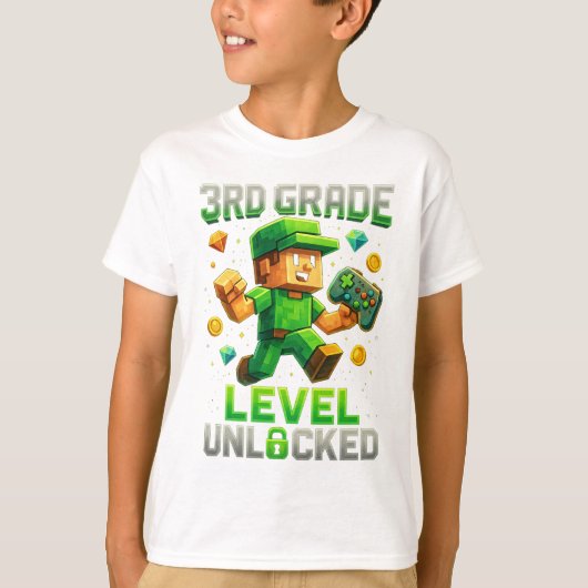 3rd Grade Level Unlocked Gamer T-Shirt – Pixel Vid (Voorkant)