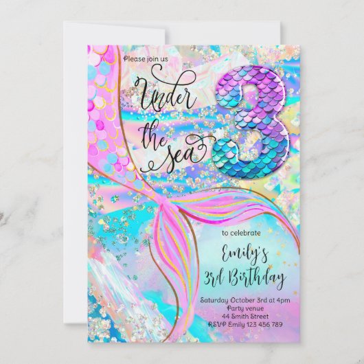 3rd Mermaid Birthday Under the Sea Invitation (Devant)
