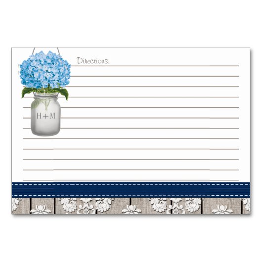3x5 Blue Navy Hydrangea Mason Jar Recipe Cards Kaart (Achterkant)