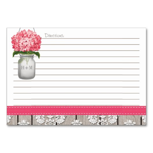 3x5 Cartes de recettes de pot Mason Hydrangea rose (Dos)