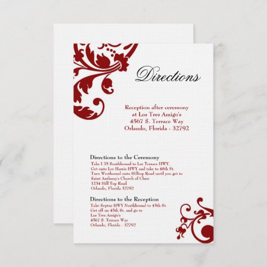 3x5 Direction Card Crimson Red Floral Filigree Informatiekaartje (Voorkant / Achterkant)
