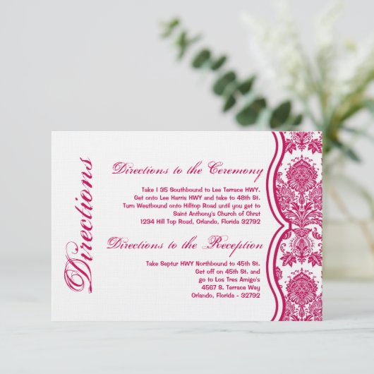 3x5 Direction Card Fusia White Damask Lace Print Informatiekaartje (Staand voorkant)