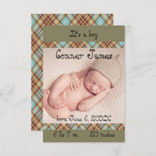 3x5 Nouveau-né Garçon Plaid Faire-part simple (Devant / Derrière)