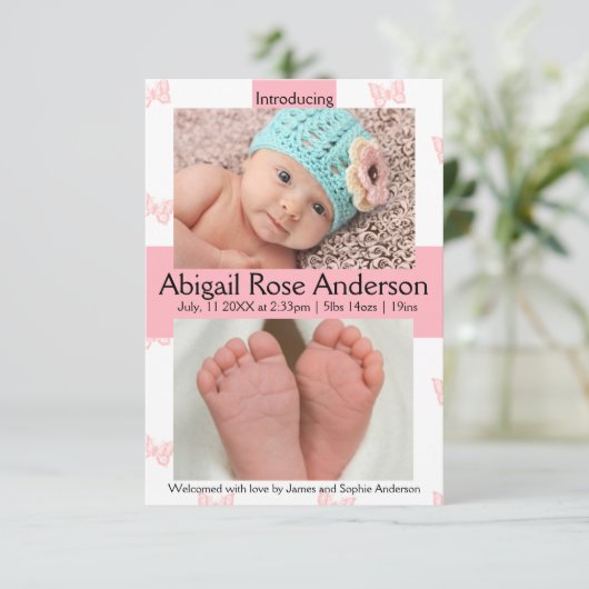 3x5 Papillon fille Faire-part de naissance rose (Debout devant)
