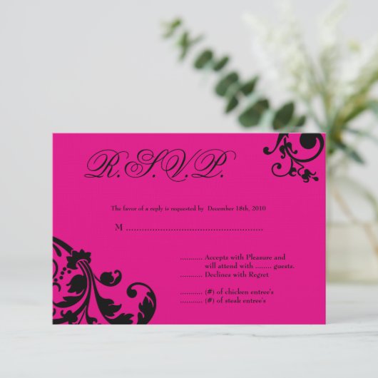 3x5 R.S.V.P. Reply Card Hot Pink Floral Foliage RSVP Kaartje (Staand voorkant)