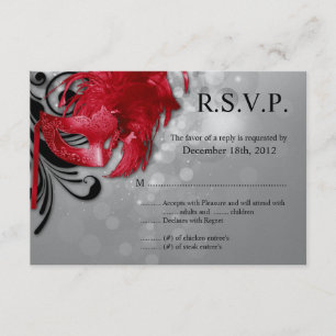 3x5 R.S.V.P. Reply Card Red op Silver Masquerade RSVP Kaartje