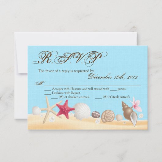 3x5 R.S.V.P. Reply Card Sea Shells Beach Sand Ocea RSVP Kaartje (Voorkant)