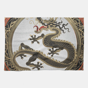 [400] Black and Gold Sacred Eastern Dragon Theedoek