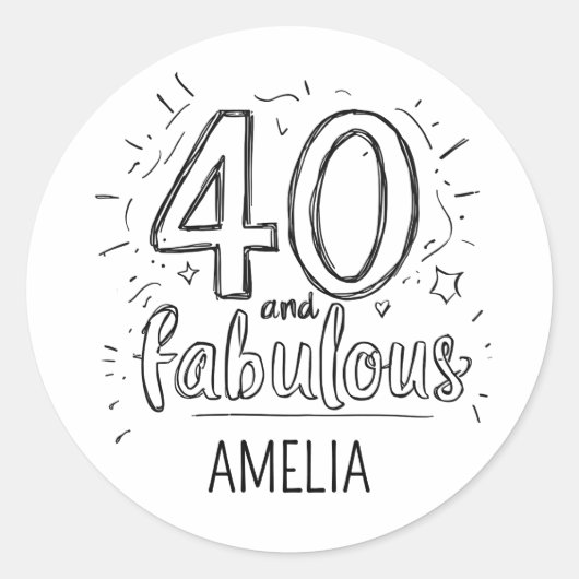 40 and Fabulous Doodle Happy Birthday  Ronde Sticker (Voorkant)