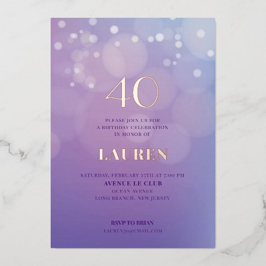 40 Anniversaire Lilac Foil Invitation (Recto)