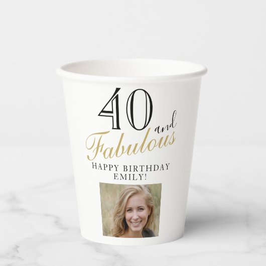 40 en Fabulous Elegant Script Photo 40th Birthday Papieren Bekers (Voorkant)