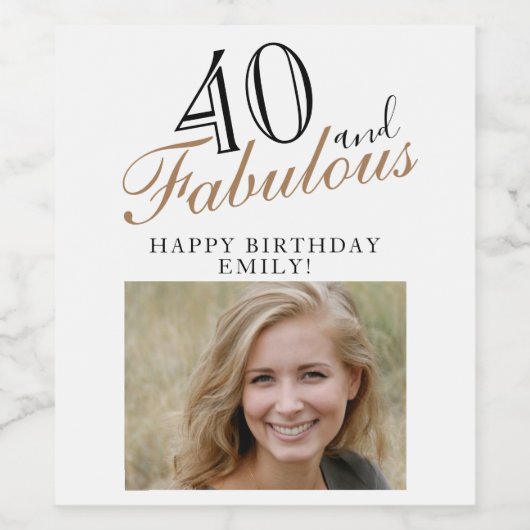 40 en Fabulous Elegant Script Photo 40th Birthday Wijn Etiket (Enkel label)