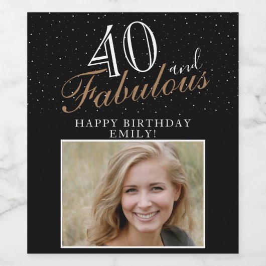 40 en Fabulous Elegant Script Photo 40th Birthday Wijn Etiket (Enkel label)