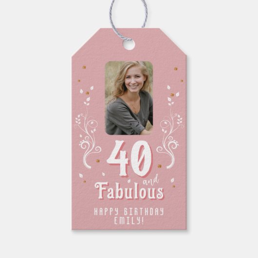40 en Fabulous Foliage Pink Foto 40e verjaardag Cadeaulabel (Voorkant)