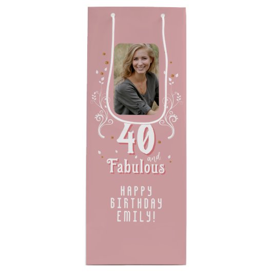 40 en Fabulous Foliage Pink Foto 40e verjaardag Wijn Cadeautas (Voorkant)