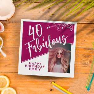 40 en Fabulous Script Photo Magenta 40th Birthday Servet